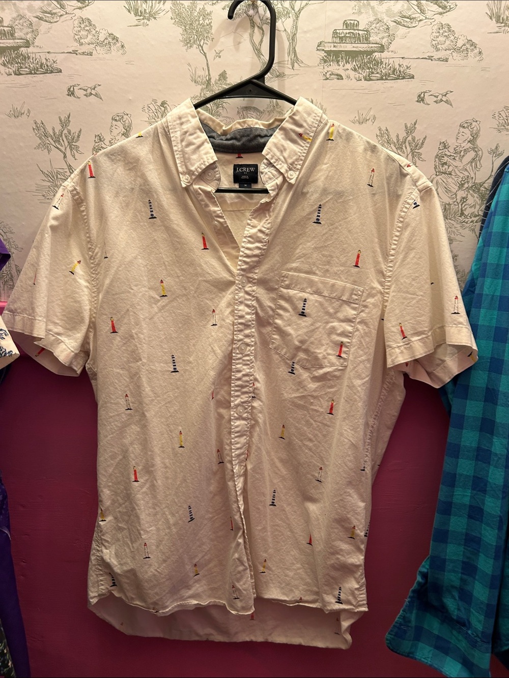 J. Crew White Short-Sleeve Button-Down Shirt with Multicolor Beacon Print